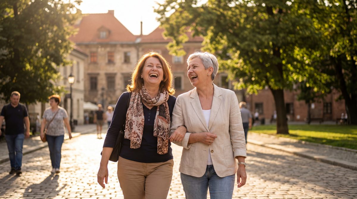 Dve ženy sa smejú na prechádzke v parku