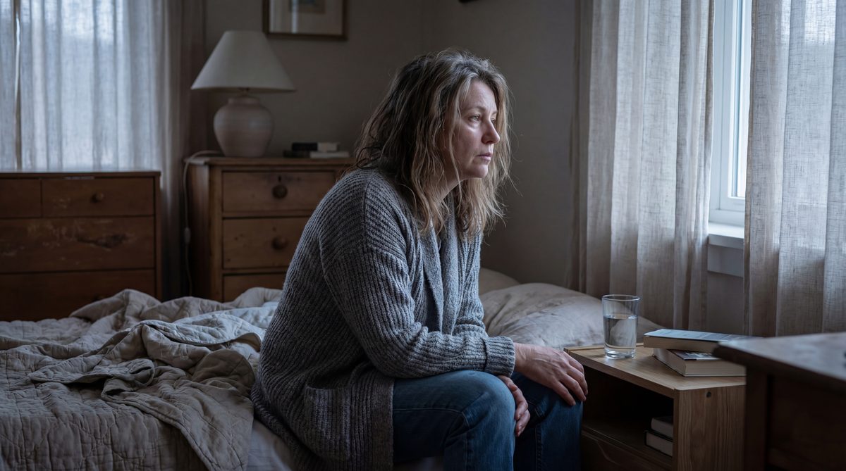 Žena sedí na posteli skoro ráno, unavená a zamyslená